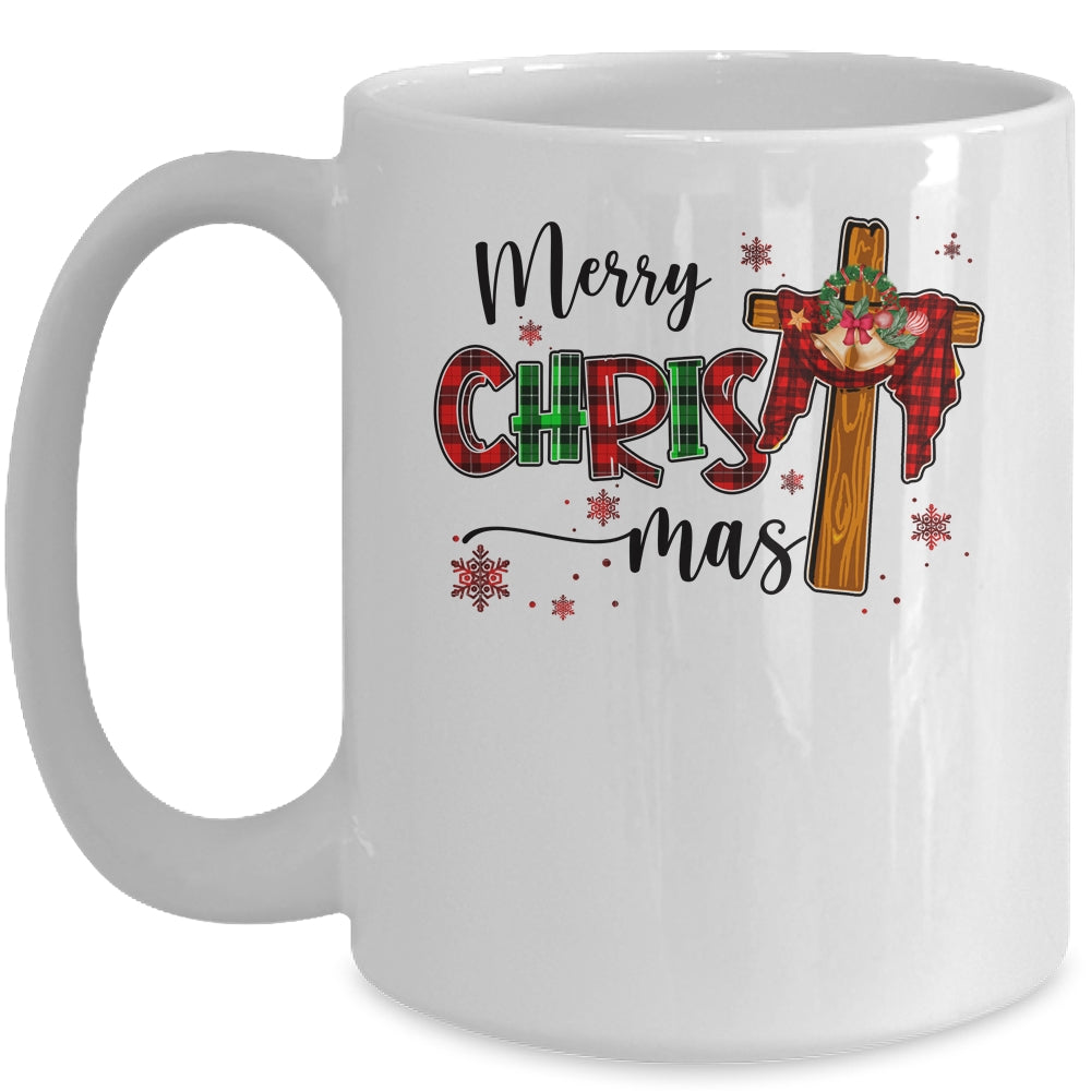 Merry Christmas Christian Cross Buffalo Plaid Family Xmas Mug | siriusteestore