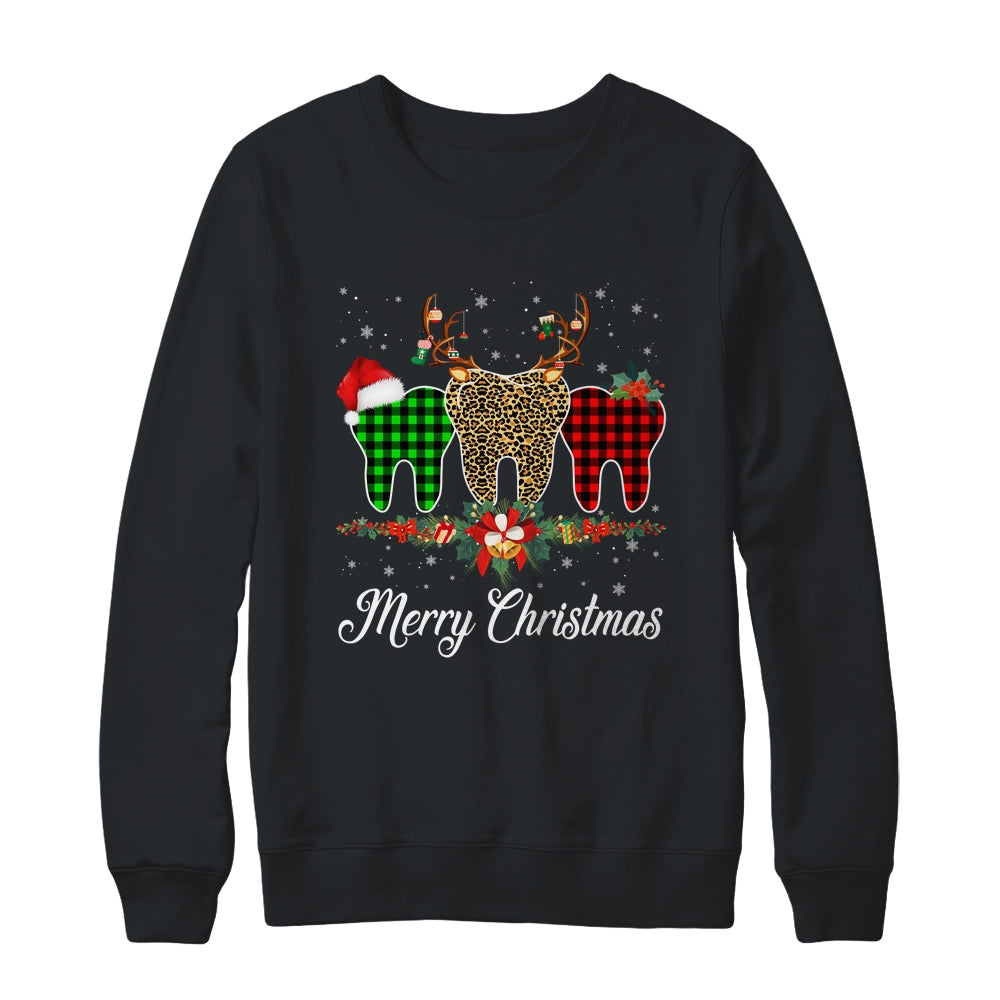 Merry Christmas Dentist Teeth Santa Hat Xmas Leopard Plaid Shirt & Sweatshirt | siriusteestore