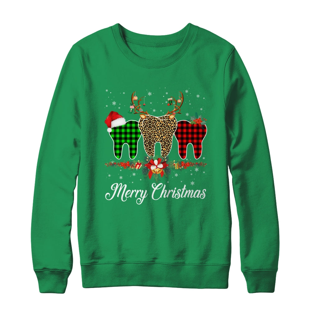 Merry Christmas Dentist Teeth Santa Hat Xmas Leopard Plaid Shirt & Sweatshirt | siriusteestore