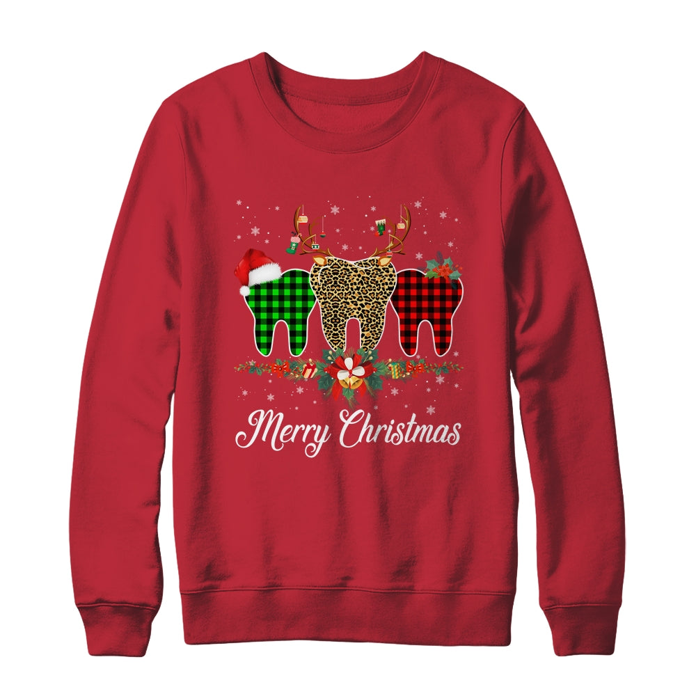 Merry Christmas Dentist Teeth Santa Hat Xmas Leopard Plaid Shirt & Sweatshirt | siriusteestore