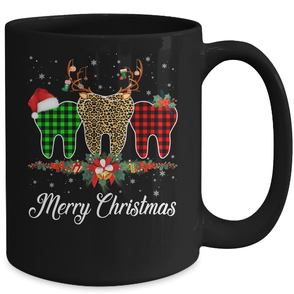 Merry Christmas Dentist Teeth Santa Hat Xmas Leopard Plaid Mug | siriusteestore