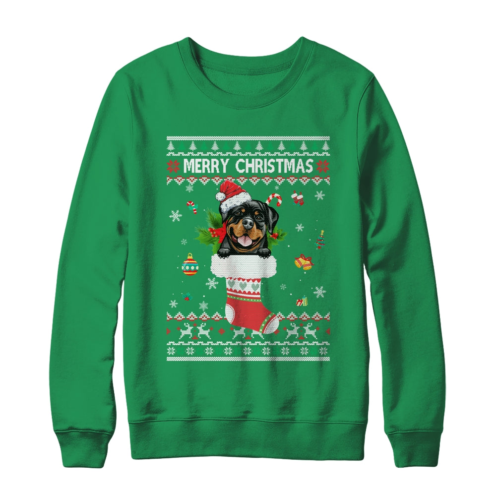 Merry Christmas Rottweiler In Sock Dog Funny Ugly Xmas Shirt & Sweatshirt | siriusteestore