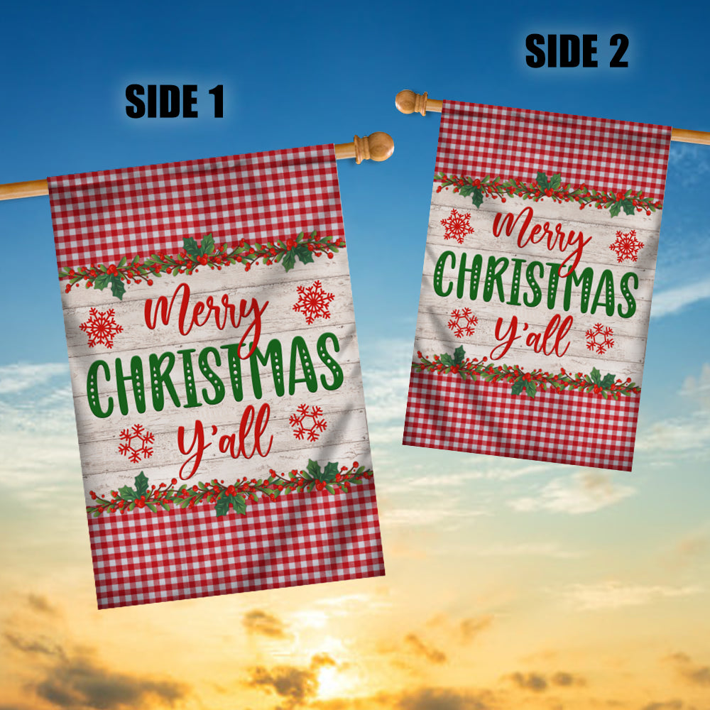 Merry Christmas Y'all Flag Buffalo Check Plaid Xmas Quote | siriusteestore