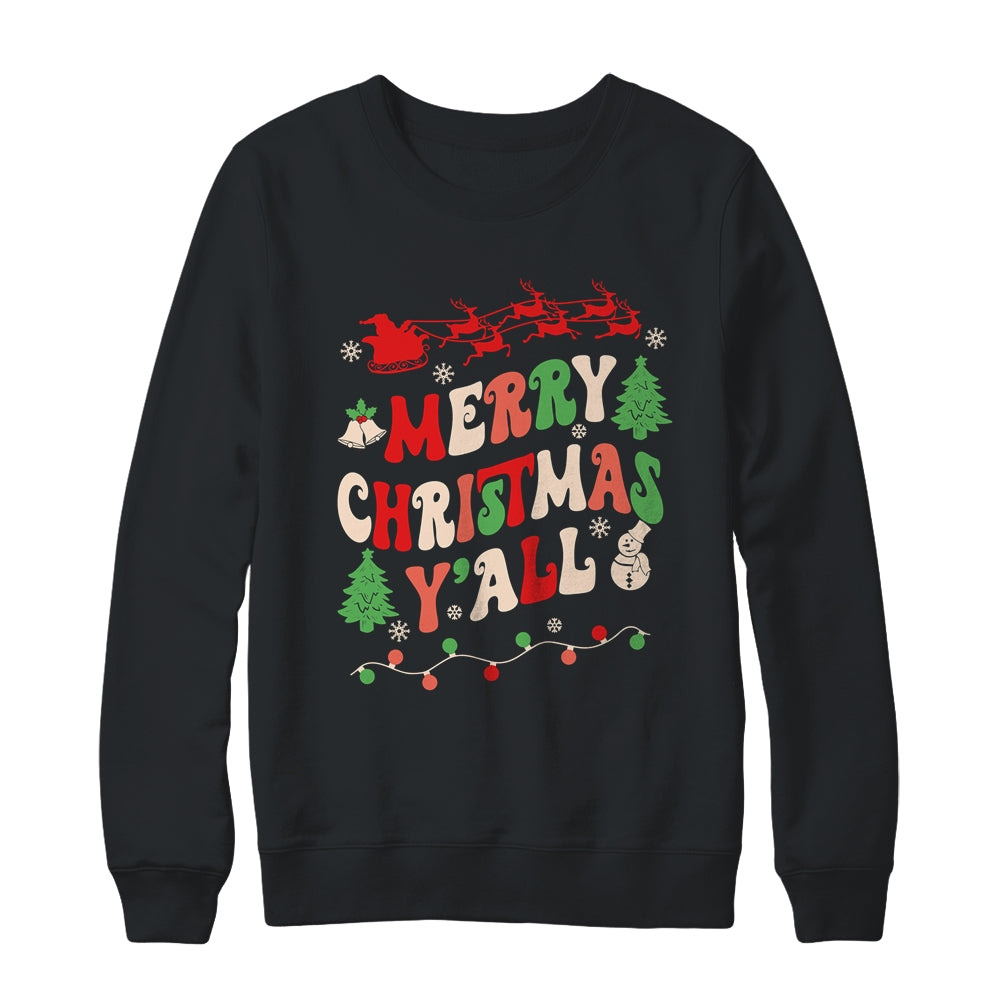 Merry Christmas Y'all Santa Hat Lights Family Groovy Xmas Shirt & Sweatshirt | siriusteestore
