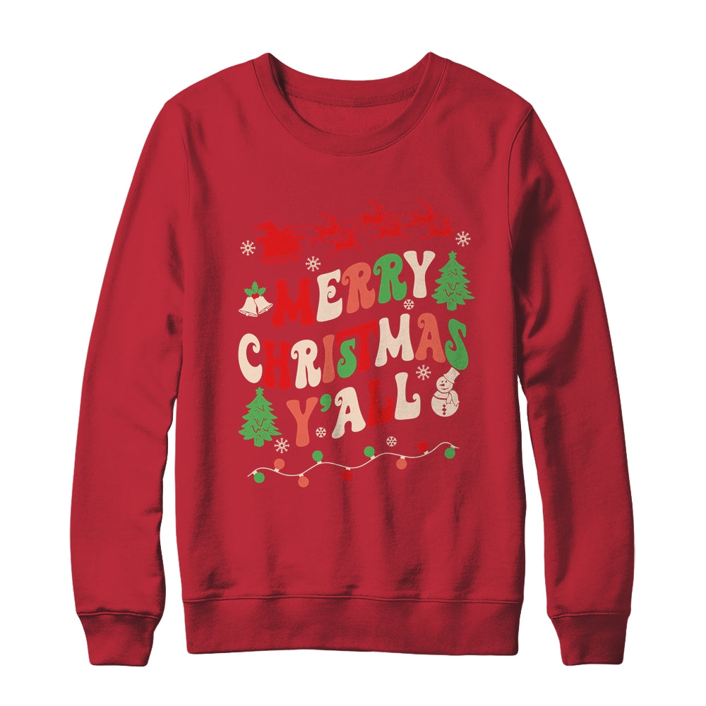 Merry Christmas Y'all Santa Hat Lights Family Groovy Xmas Shirt & Sweatshirt | siriusteestore