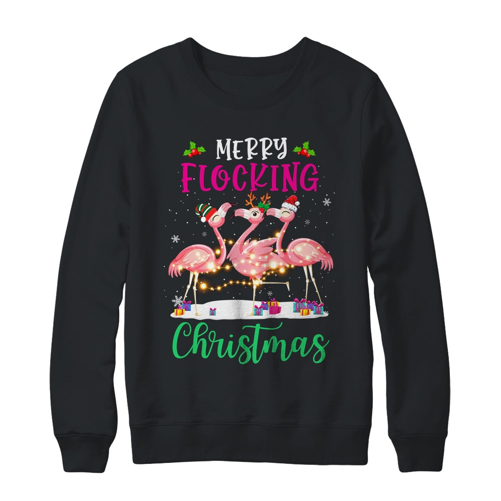 Merry Flocking Christmas Reindeer Santa ELF Flamingo Xmas Shirt & Sweatshirt | siriusteestore