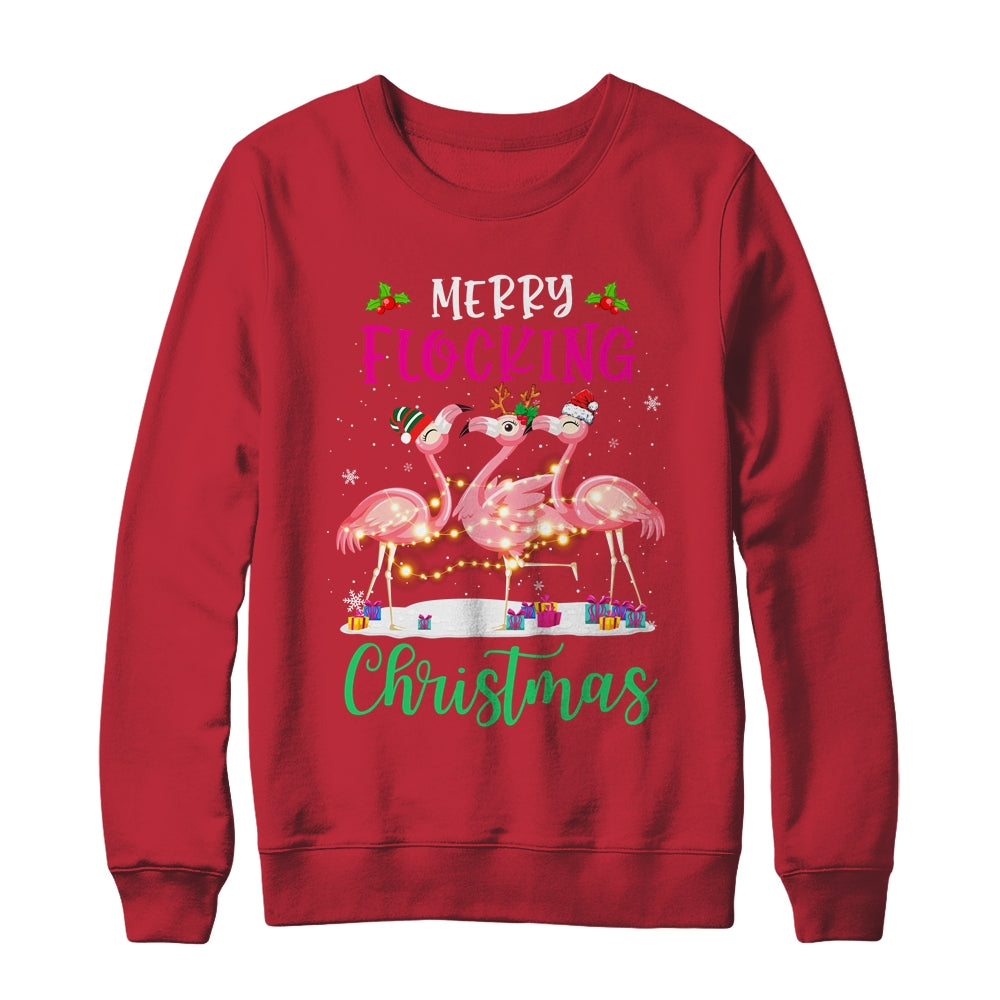 Merry Flocking Christmas Reindeer Santa ELF Flamingo Xmas Shirt & Sweatshirt | siriusteestore