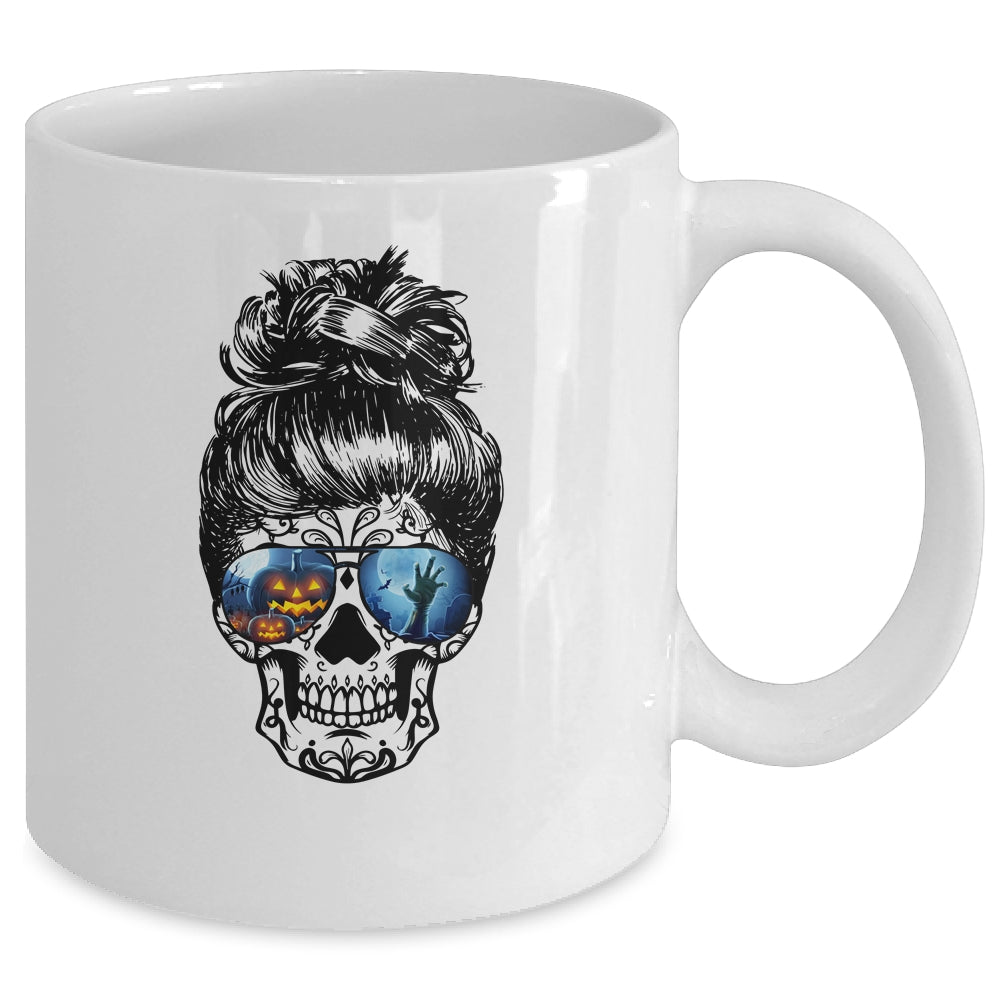 Messy Bun Skull Leopard Print Pumpkin Halloween Costume Mug | siriusteestore