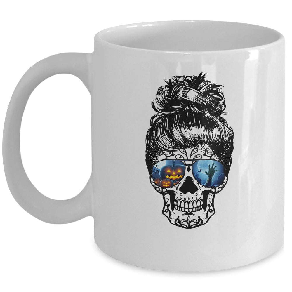 Messy Bun Skull Leopard Print Pumpkin Halloween Costume Mug | siriusteestore