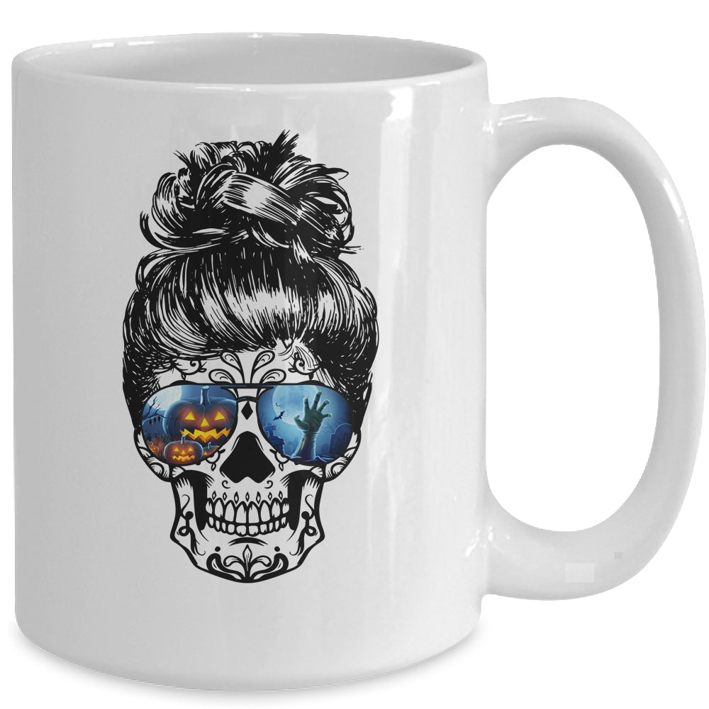 Messy Bun Skull Leopard Print Pumpkin Halloween Costume Mug | siriusteestore