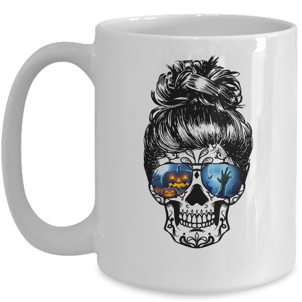 Messy Bun Skull Leopard Print Pumpkin Halloween Costume Mug | siriusteestore