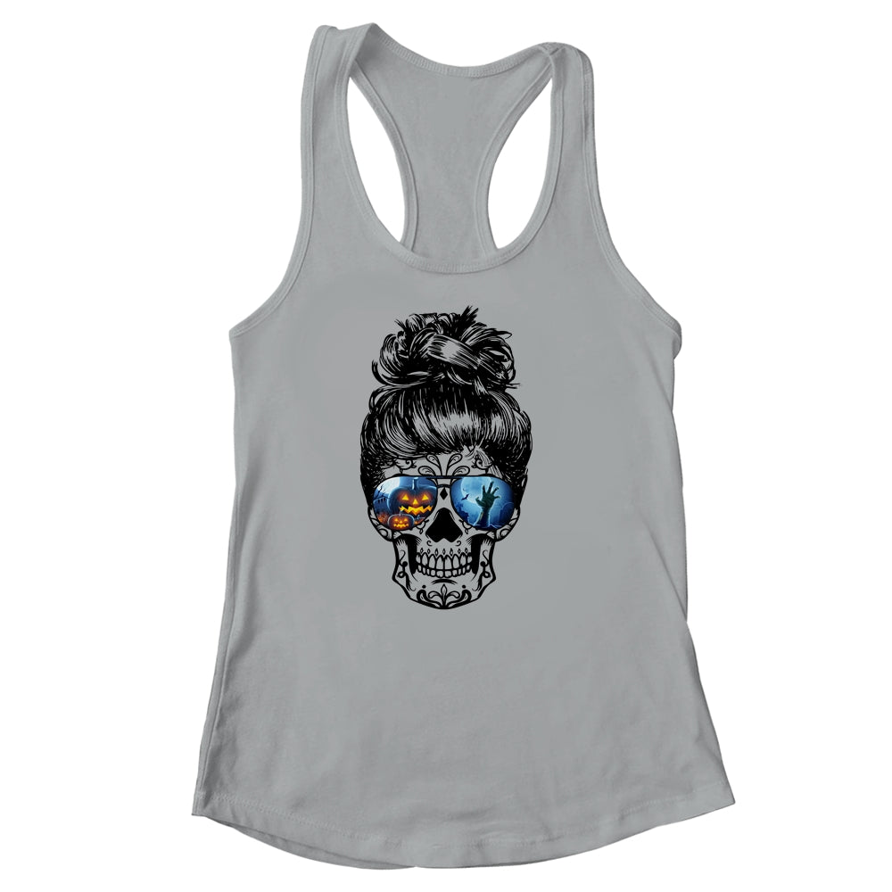 Messy Bun Skull Leopard Print Pumpkin Halloween Costume Shirt & Tank Top | siriusteestore