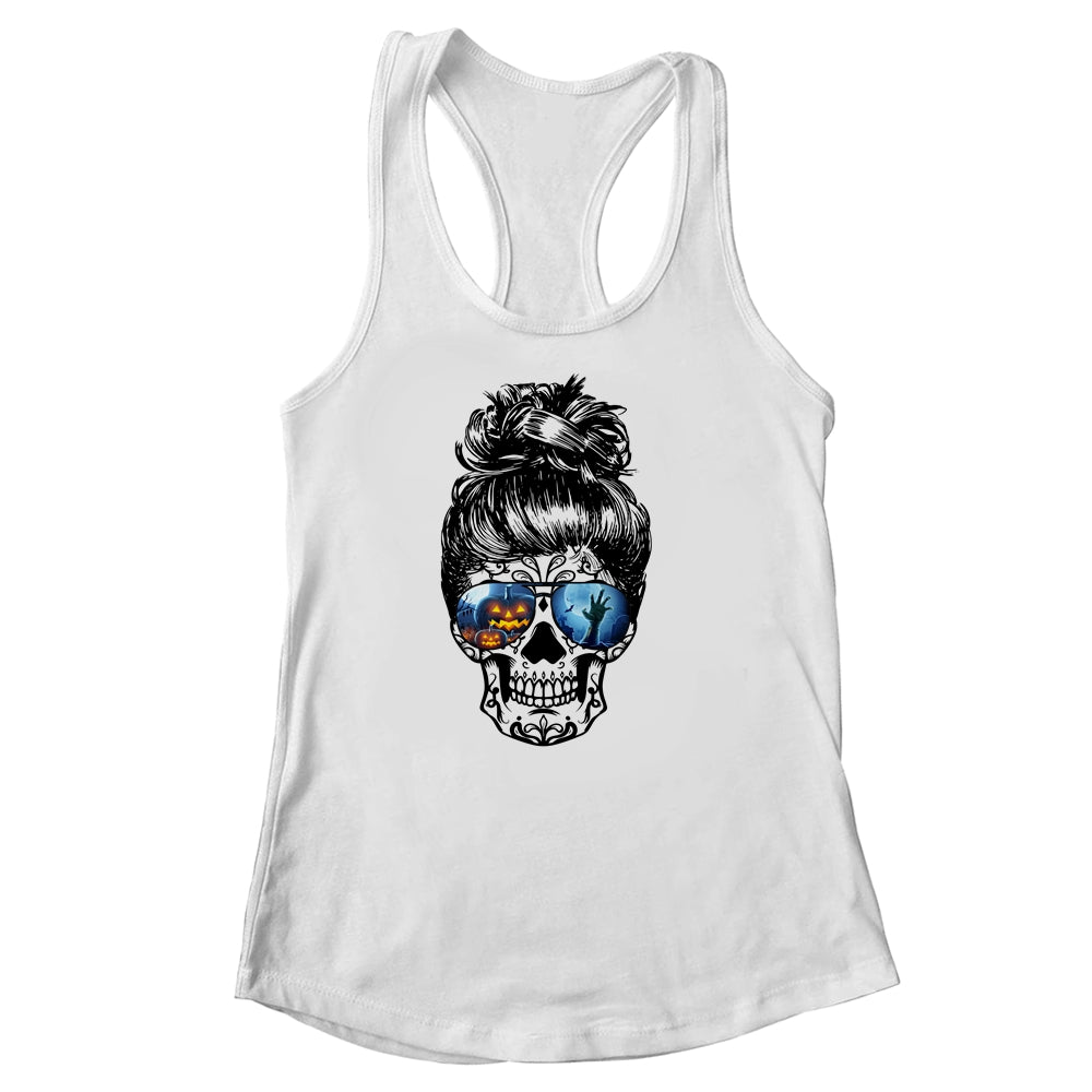 Messy Bun Skull Leopard Print Pumpkin Halloween Costume Shirt & Tank Top | siriusteestore