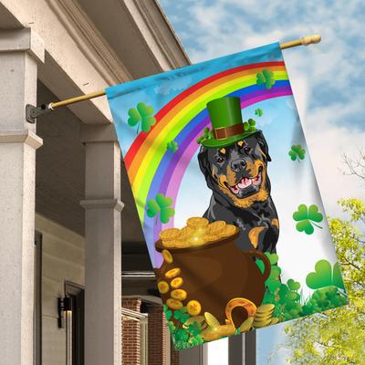 Rottweiler St Patrick's Day Dog Flag Funny Peeking Dog Wear Green Hat Golden Pot Coin Shamrock Rainbow Spring Banner for Home Decor