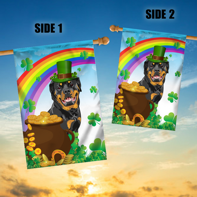 Rottweiler St Patrick's Day Dog Flag Funny Peeking Dog Wear Green Hat Golden Pot Coin Shamrock Rainbow Spring Banner for Home Decor