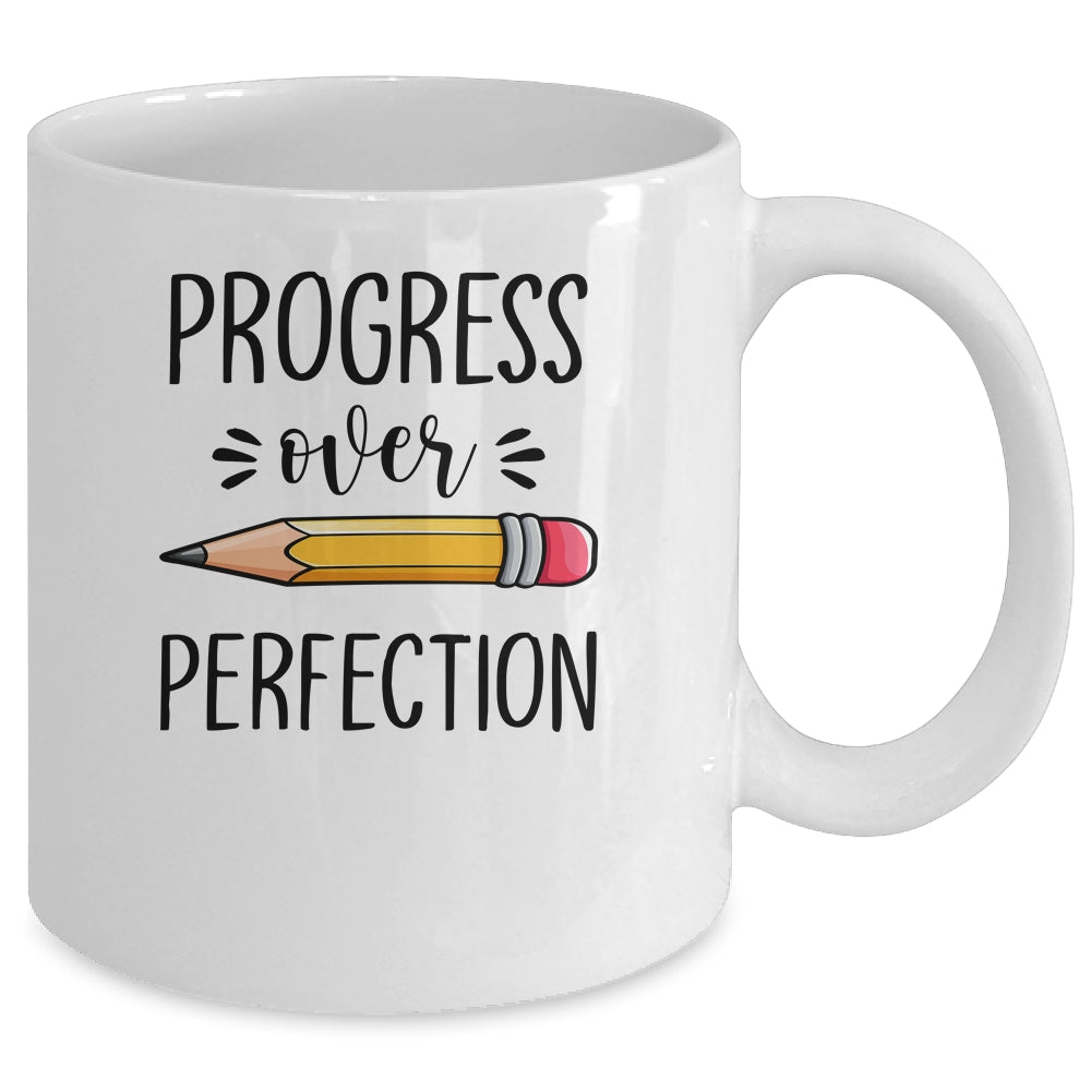 Motivational Progress Over Perfection Teacher Back to School Mug | siriusteestore