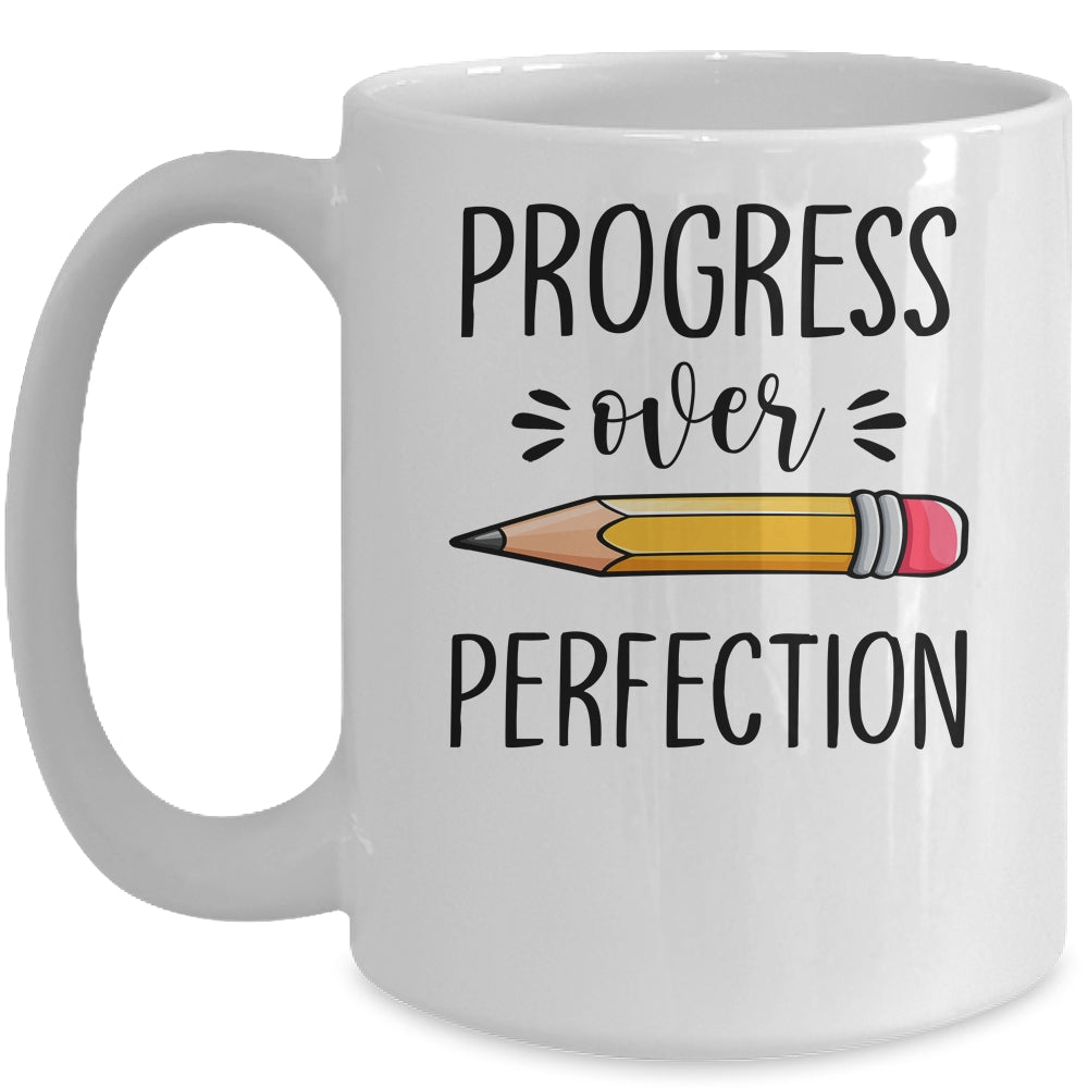 Motivational Progress Over Perfection Teacher Back to School Mug | siriusteestore