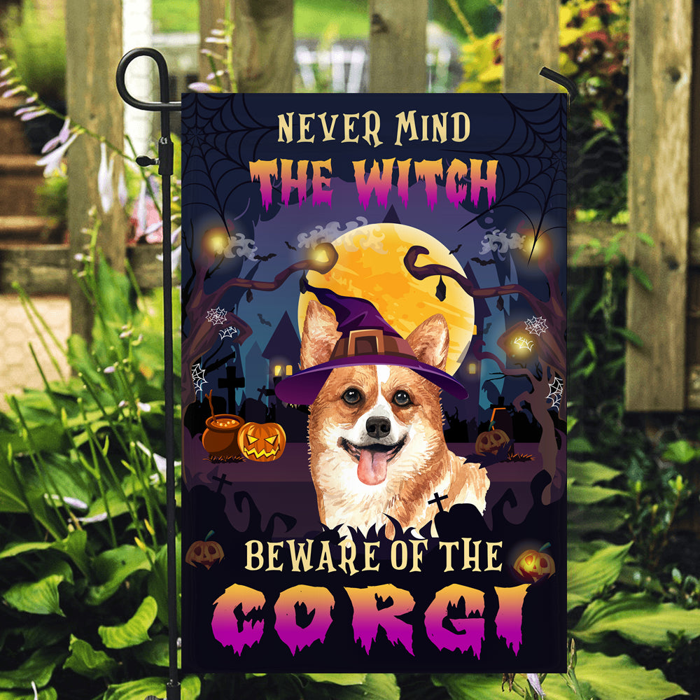Never Mind The Witch Beware Of The Corgi Flag Funny Halloween For Dog Lovers | siriusteestore