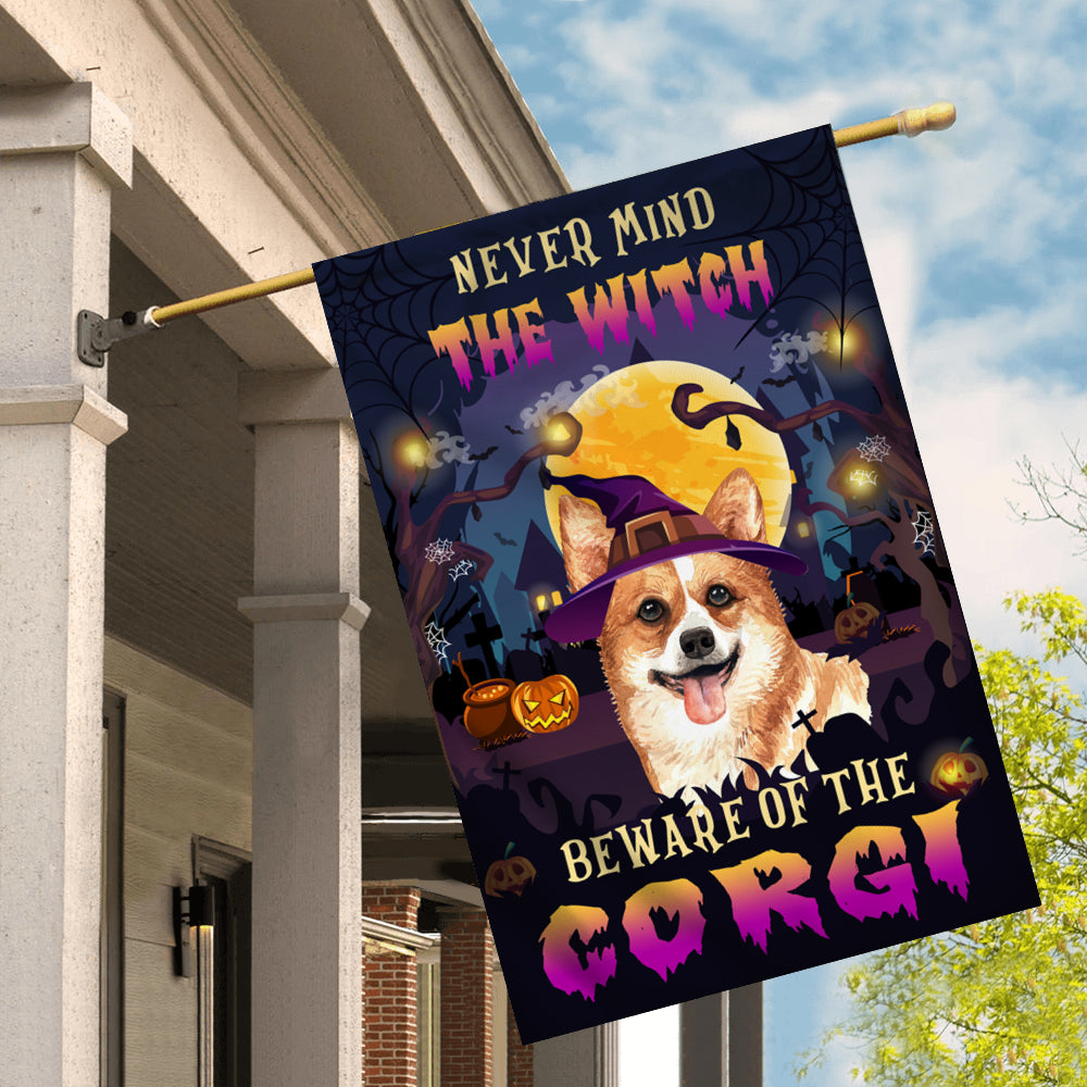Never Mind The Witch Beware Of The Corgi Flag Funny Halloween For Dog Lovers | siriusteestore