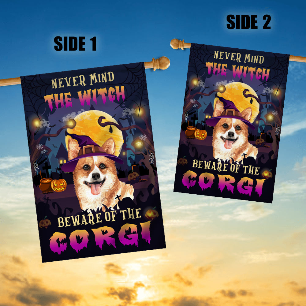 Never Mind The Witch Beware Of The Corgi Flag Funny Halloween For Dog Lovers | siriusteestore