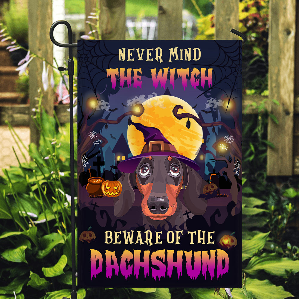 Never Mind The Witch Beware Of The Dachshund Flag Funny Halloween For Dog Lovers | siriusteestore