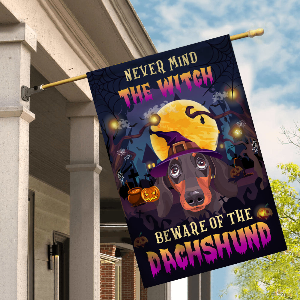 Never Mind The Witch Beware Of The Dachshund Flag Funny Halloween For Dog Lovers | siriusteestore