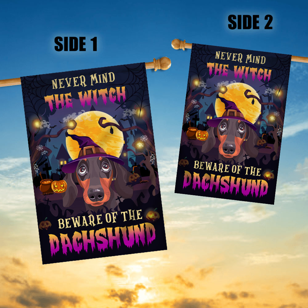 Never Mind The Witch Beware Of The Dachshund Flag Funny Halloween For Dog Lovers | siriusteestore