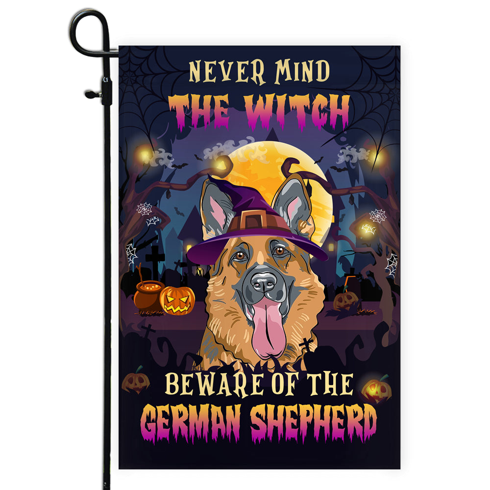 Never Mind The Witch Beware Of The German Shepherd Flag Funny Halloween For Dog Lovers | siriusteestore