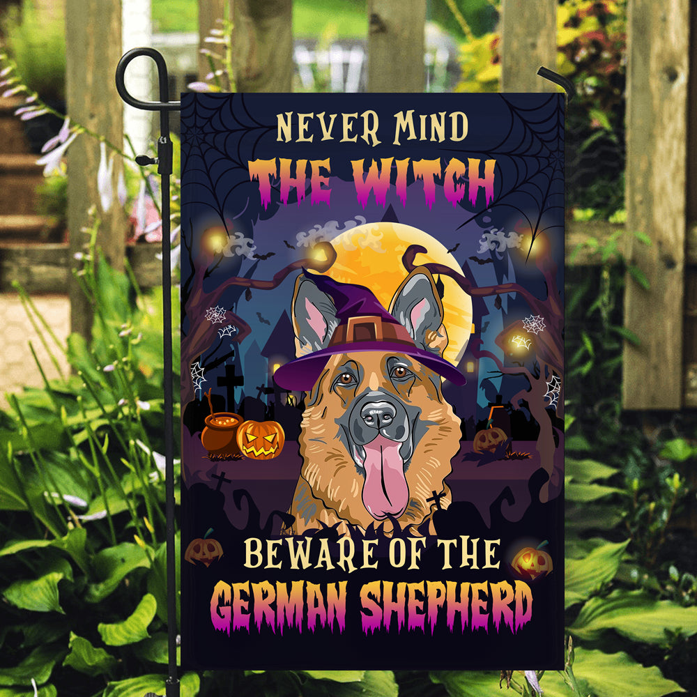 Never Mind The Witch Beware Of The German Shepherd Flag Funny Halloween For Dog Lovers | siriusteestore
