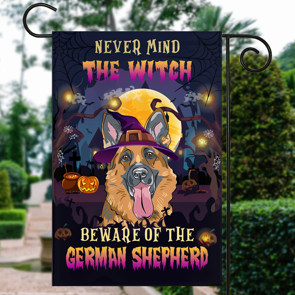 Never Mind The Witch Beware Of The German Shepherd Flag Funny Halloween For Dog Lovers | siriusteestore