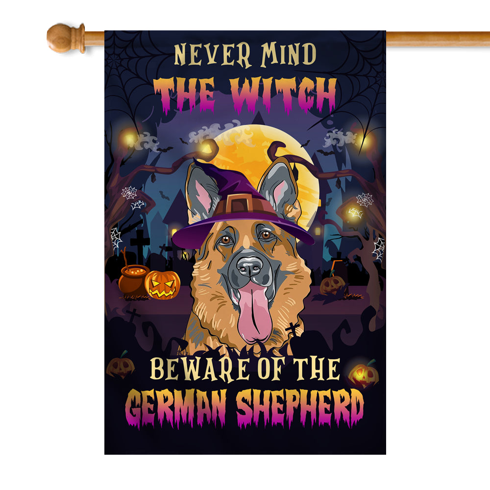 Never Mind The Witch Beware Of The German Shepherd Flag Funny Halloween For Dog Lovers | siriusteestore