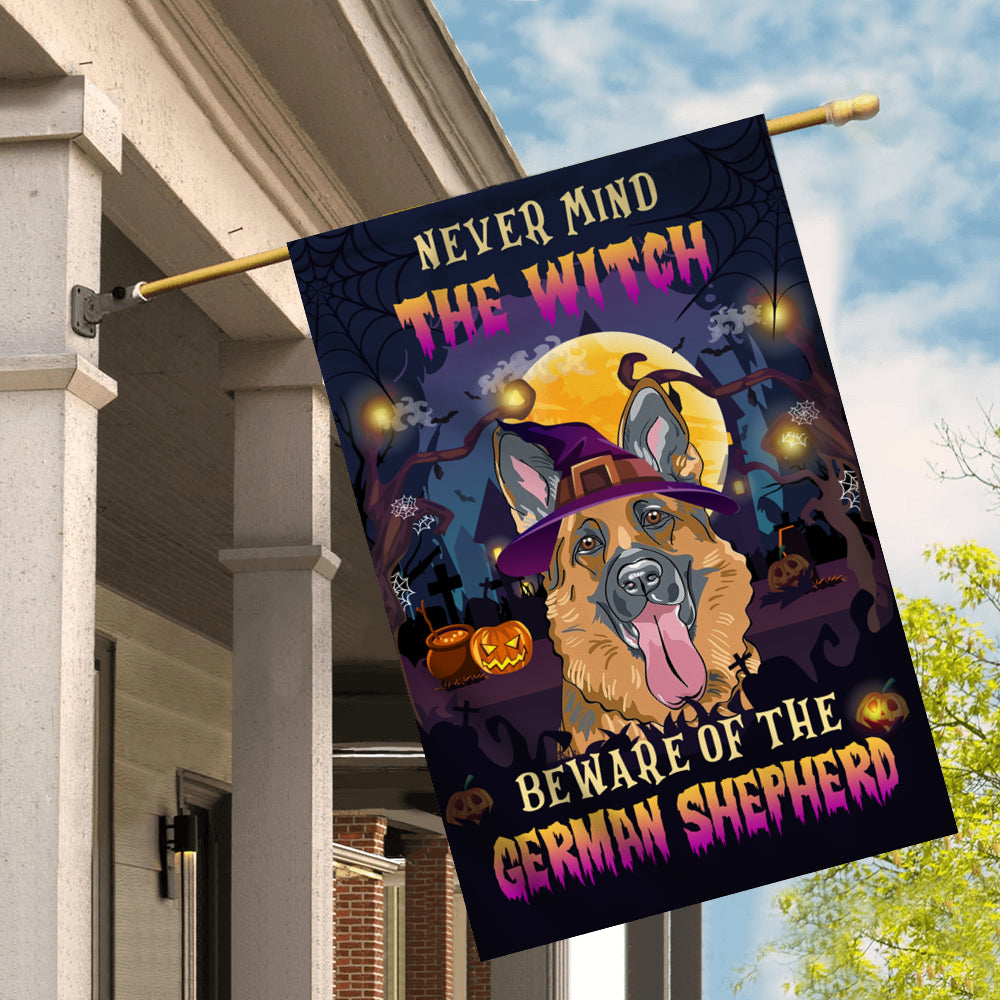 Never Mind The Witch Beware Of The German Shepherd Flag Funny Halloween For Dog Lovers | siriusteestore
