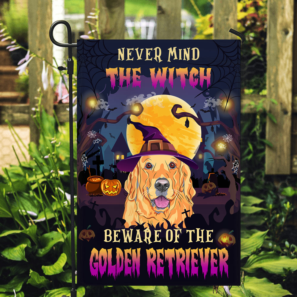 Never Mind The Witch Beware Of The Golden Retriever Flag Funny Halloween For Dog Lovers | siriusteestore