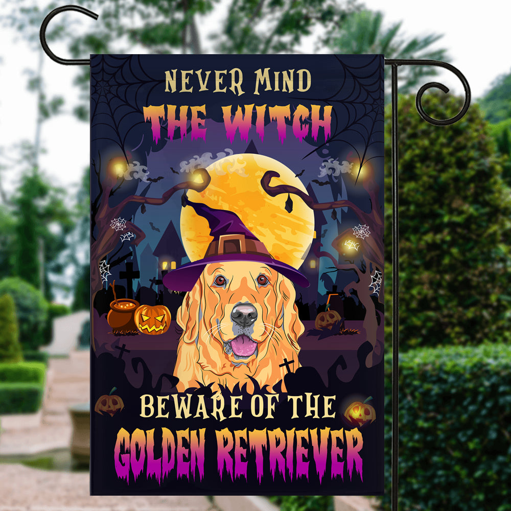 Never Mind The Witch Beware Of The Golden Retriever Flag Funny Halloween For Dog Lovers | siriusteestore