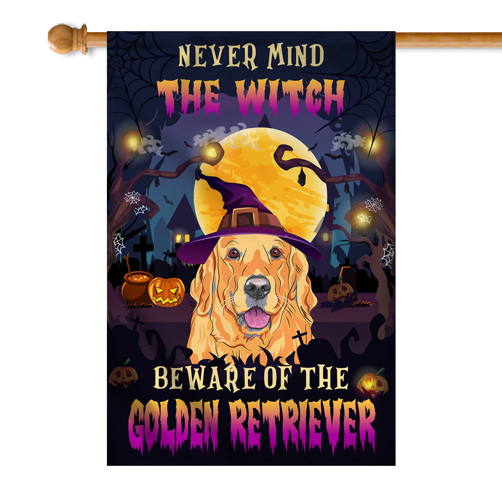 Never Mind The Witch Beware Of The Golden Retriever Flag Funny Halloween For Dog Lovers | siriusteestore