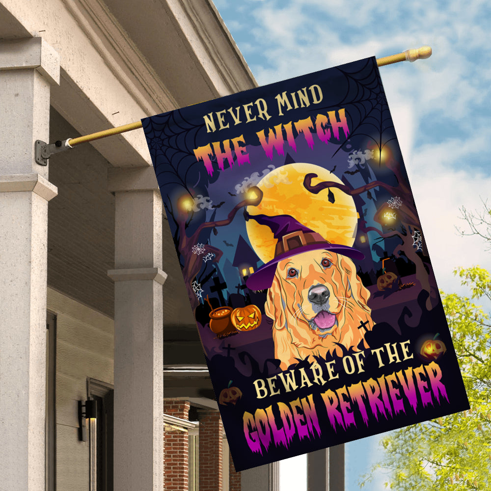 Never Mind The Witch Beware Of The Golden Retriever Flag Funny Halloween For Dog Lovers | siriusteestore