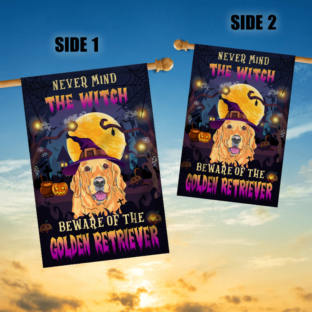 Never Mind The Witch Beware Of The Golden Retriever Flag Funny Halloween For Dog Lovers | siriusteestore