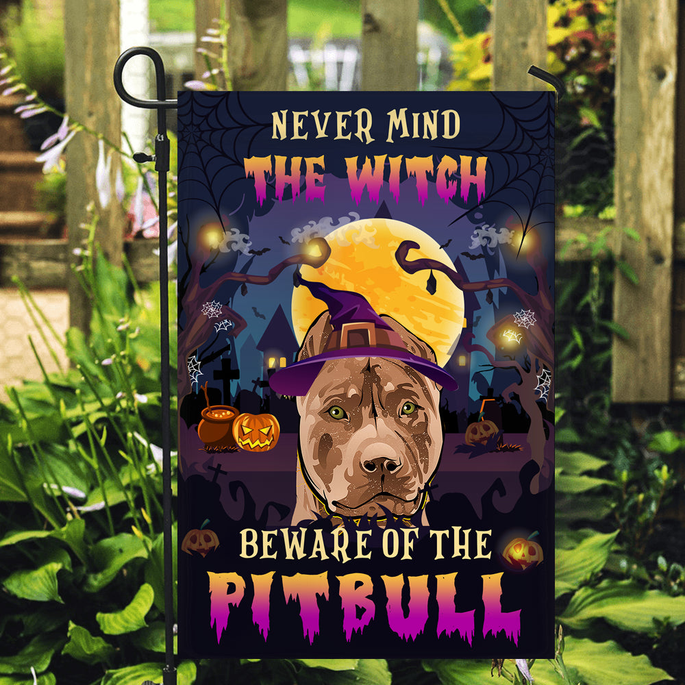 Never Mind The Witch Beware Of The Pitbull Flag Funny Halloween For Dog Lovers | siriusteestore