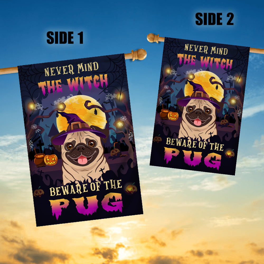 Never Mind The Witch Beware Of The Pug Flag Funny Halloween For Dog Lovers | siriusteestore