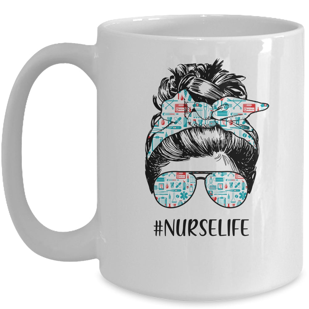 Nurse Life Funny Messy Bun Hair Glasses Mug | siriusteestore