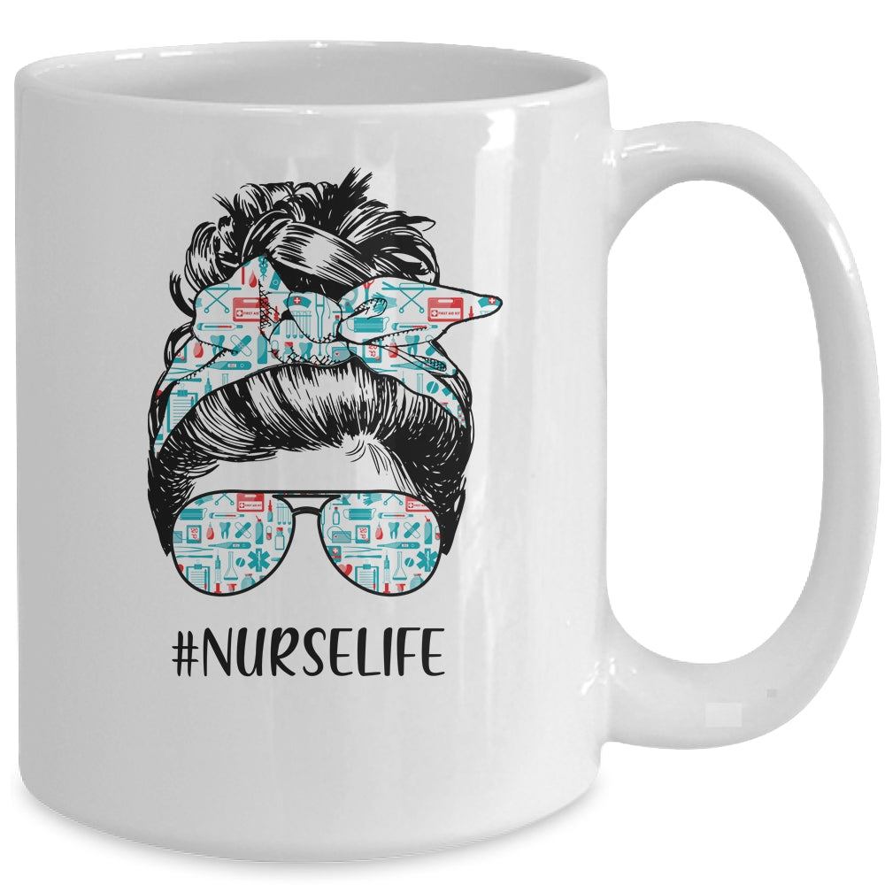 Nurse Life Funny Messy Bun Hair Glasses Mug | siriusteestore