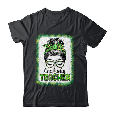 One Lucky Teacher Bleached Messy Bun Leopard St Patricks Day Shirt & Hoodie | siriusteestore