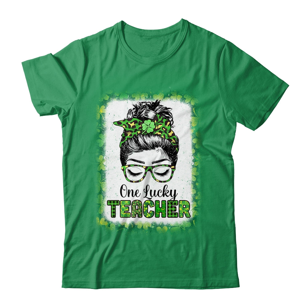One Lucky Teacher Bleached Messy Bun Leopard St Patricks Day Shirt & Hoodie | siriusteestore
