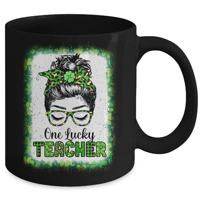 One Lucky Teacher Bleached Messy Bun Leopard St Patricks Day Mug | siriusteestore