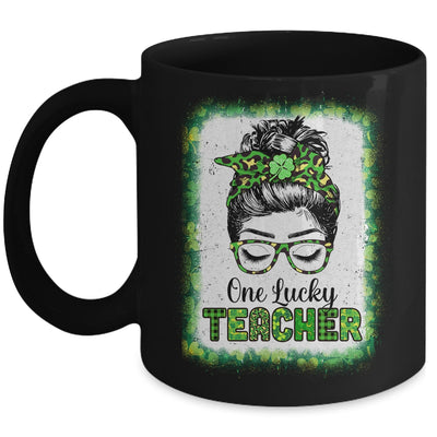 One Lucky Teacher Bleached Messy Bun Leopard St Patricks Day Mug | siriusteestore