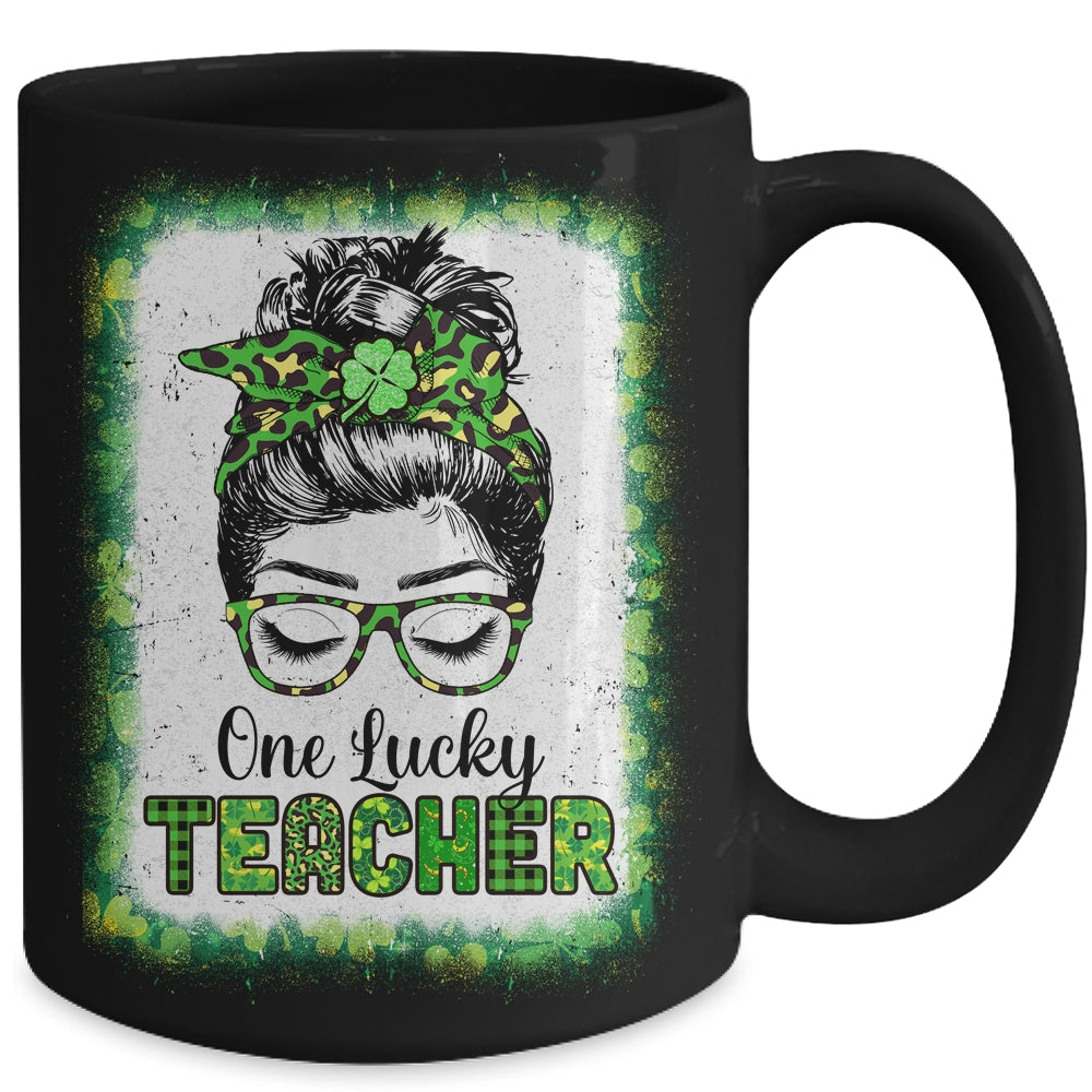 One Lucky Teacher Bleached Messy Bun Leopard St Patricks Day Mug | siriusteestore