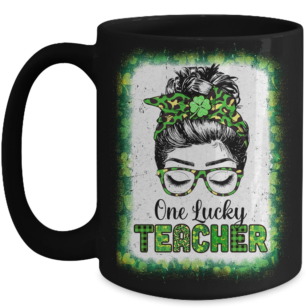 One Lucky Teacher Bleached Messy Bun Leopard St Patricks Day Mug | siriusteestore