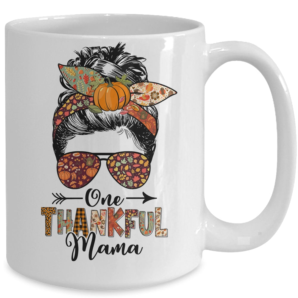 One Thankful Mama Funny Messy Bun Fall Autumn Thanksgiving Mug | siriusteestore