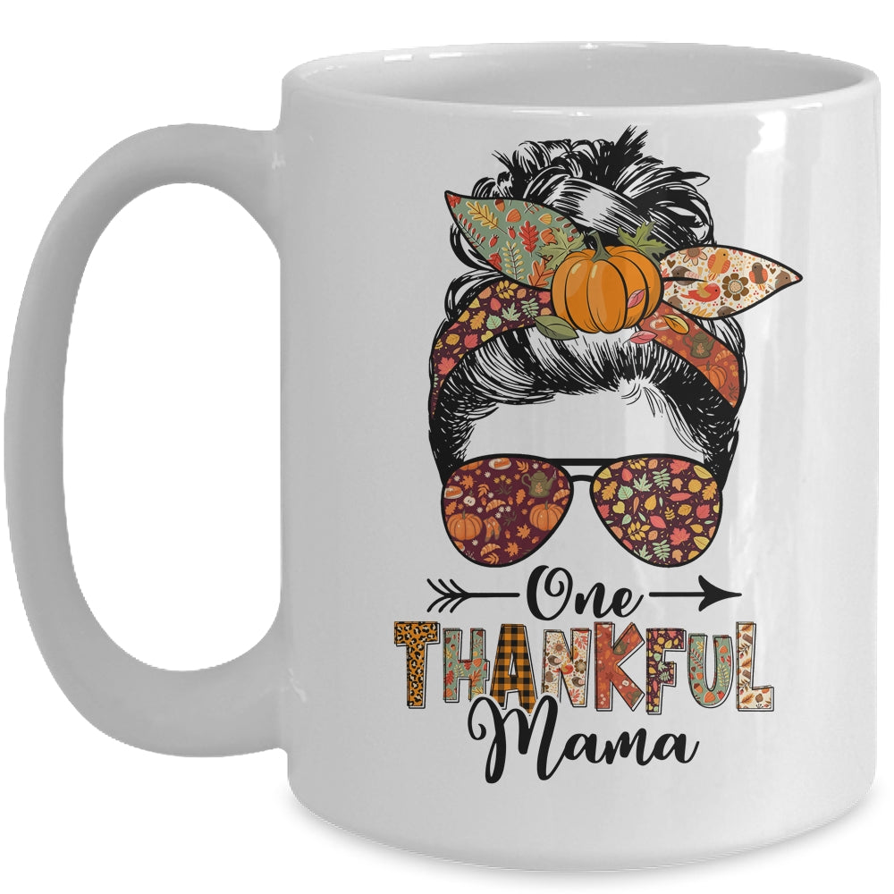 One Thankful Mama Funny Messy Bun Fall Autumn Thanksgiving Mug | siriusteestore