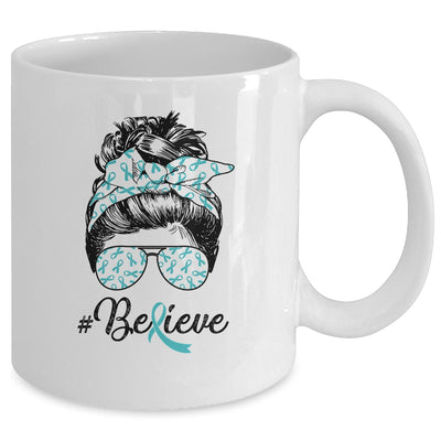 Ovarian Cancer Awareness Messy Bun Warrior Believe Teal Mug | siriusteestore